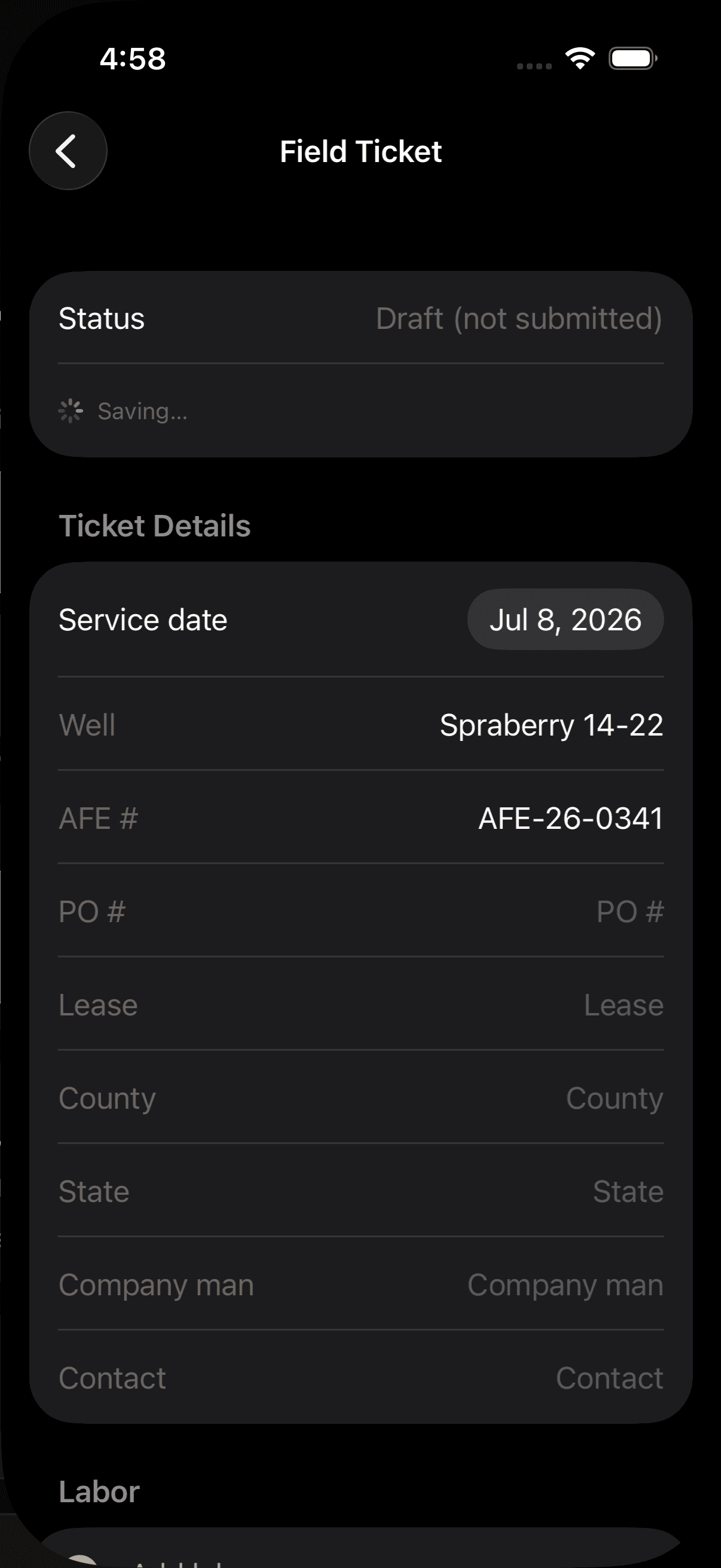 RigTab field app on an iPhone: a draft field ticket with well, AFE, PO and lease fields, saving in the background